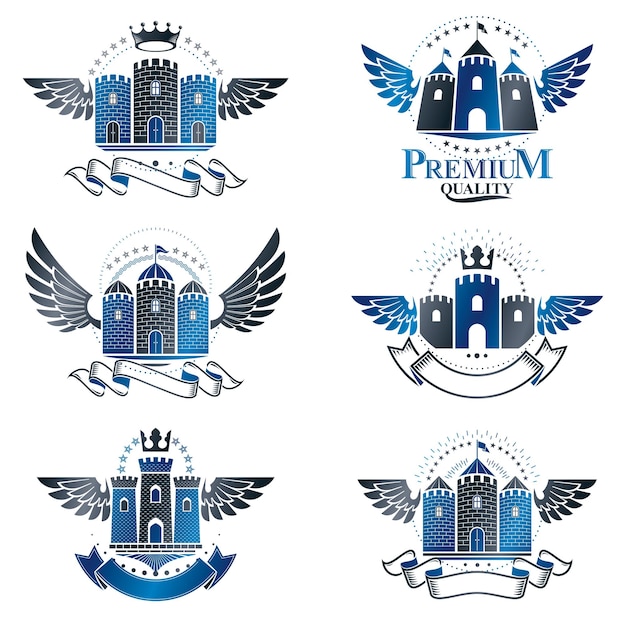 Ancient Bastions emblems set. Heraldic vector design elements collection. Retro style label, heraldry logo.