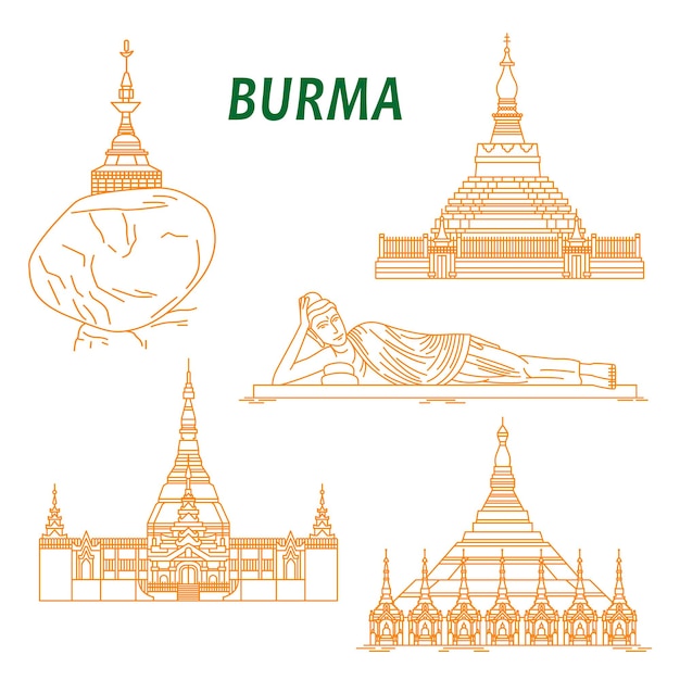 Ancient buddhist temples of Burma thin line icons