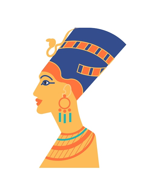 Ancient bust of Nefertiti or Neferneferuaten - pharaoh, queen of Egypt, icon of beauty. Sculpture of woman s head wearing Egyptian crown. Legendary historical character. Flat vector illustration.