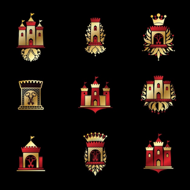 Ancient Fortresses emblems set. Heraldic Coat of Arms, vintage vector logos collection.