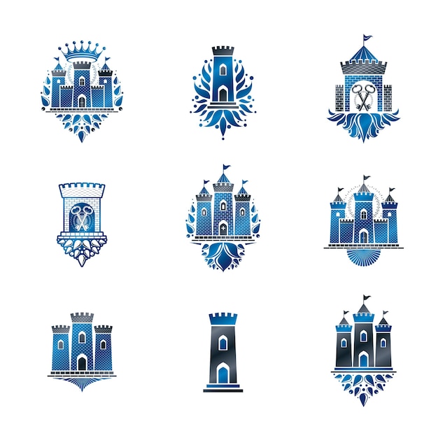 Ancient Fortresses emblems set. Heraldic Coat of Arms, vintage vector logos collection.