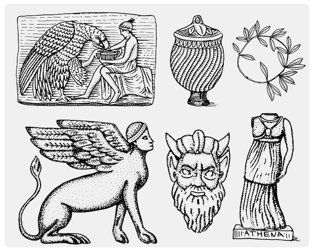 Ancient Greece antique symbols Ganymede and eagle anphora vase athena statue and satyr mask vintage engraved hand drawn in sketch or wood cut style old looking retro isolated