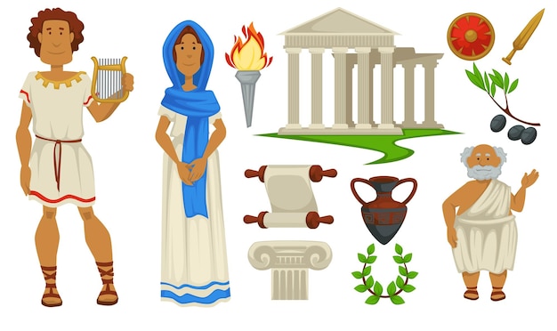 Vector ancient greece culture clothes and architecture