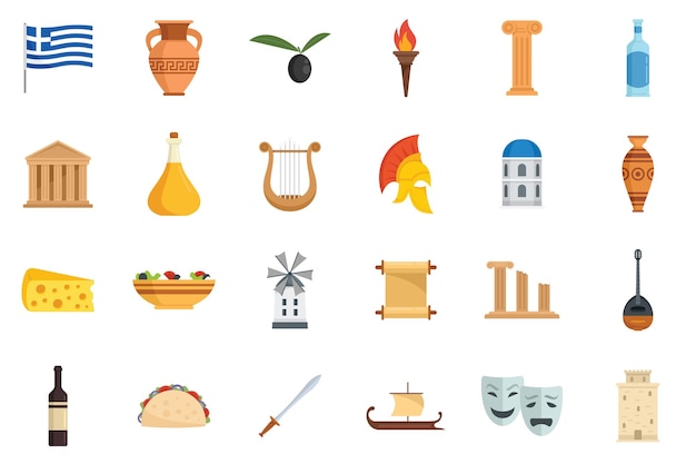 Ancient Greece icons set flat vector Greek parthenon