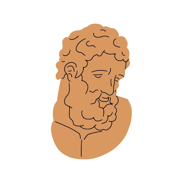 Ancient Greek bust of bearded face. Old sculpture of antique Greece. Vintage philosopher head statue drawn in contemporary trendy style. Flat vector illustration isolated on white background.