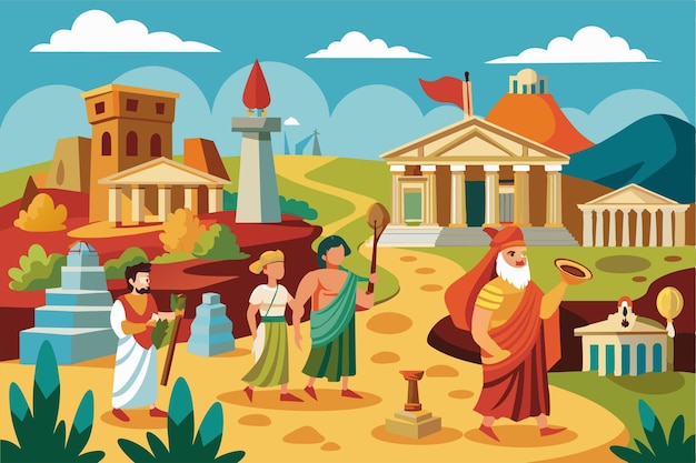 Vector ancient greek civilization with philosophers and temples