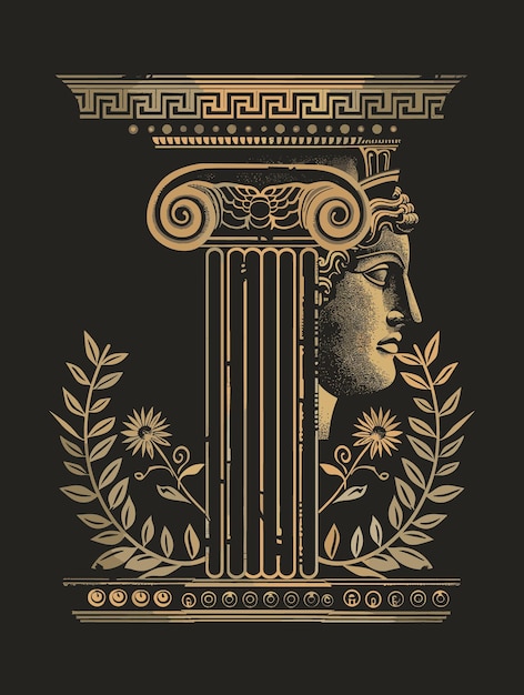 Vector ancient greek column with floral ornament vector illustration on dark background