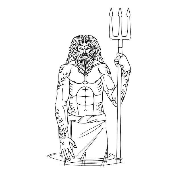 The ancient Greek god of the sea Poseidon comes out of the water with a trident Vector illustration