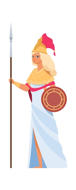 Ancient Greek goddess Hera Cartoon divine woman in white dress and helmet with spear and shield Member of Olympic pantheon character of gorgeous legends Vector mythology illustration