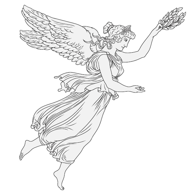 The ancient Greek goddess in a tunic with wings and a laurel wreath in her hands flies