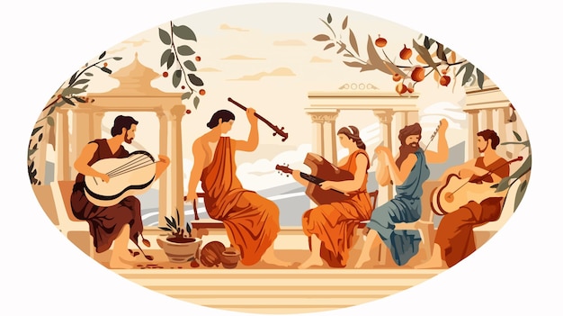 Vector ancient greek painting on dishes with antique musicians