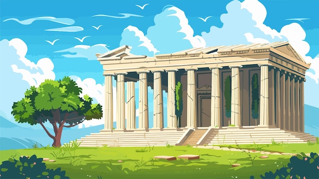 Vector ancient greek pantheon building with columns and stairs