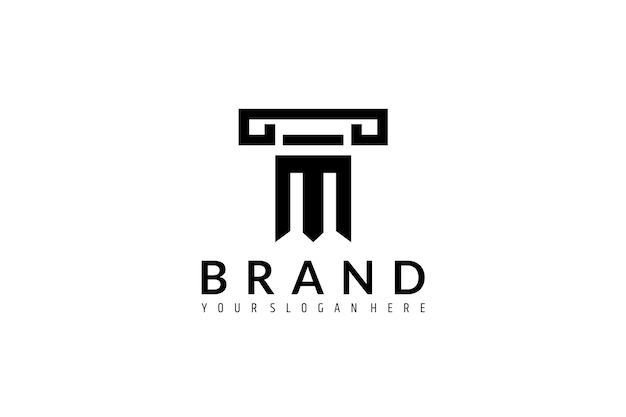 Ancient Greek pillar or law pillar logo with letter M in simple flat design style