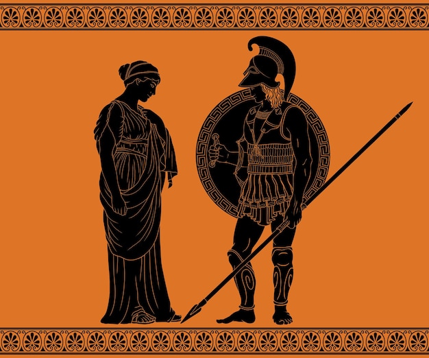 An ancient Greek warrior with a spear in his hand and a helmet on his head is talking to a woman in a tunic