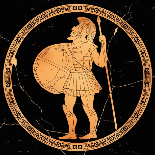 Ancient Greek warrior with a spear and shield in his hands is ready to attack.