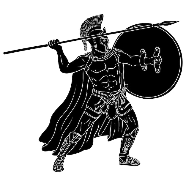 Ancient Greek warrior with a spear and shield in his hands