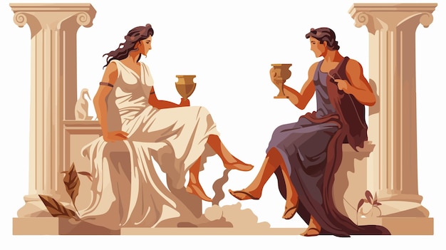 Vector ancient greek woman sitting on chair holding jar