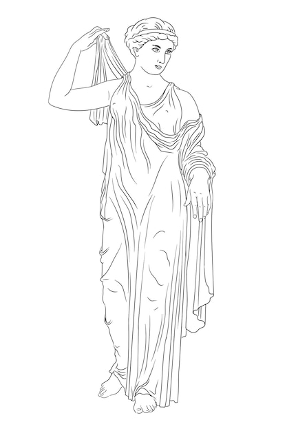 An ancient Greek woman stands and puts on a dress.