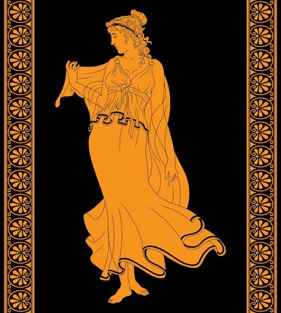 An ancient Greek woman in a tunic with bare feet stands, dances and gesticulates.