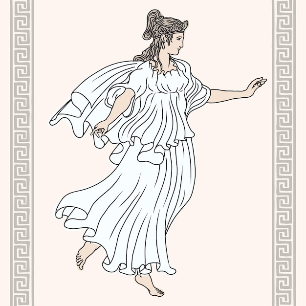 An ancient Greek woman in a tunic with bare feet stands, dances and gesticulates.