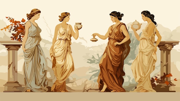 Vector ancient greek women talking near parapet historical conversation scene