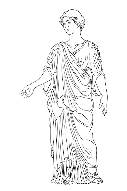 An ancient Greek young woman in a tunic and cape stands looks away and gestures. Figure isolated on white background.