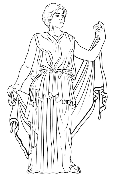 Ancient Greek young woman in a tunic and cape stands looks away and gestures