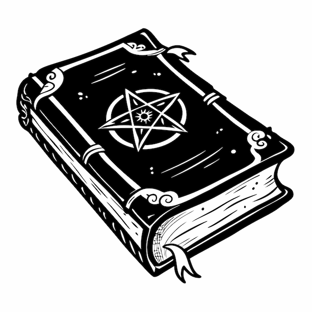 Ancient Grimoire with Pentagram Symbol Magic Spells Black and White Line Art Illustration