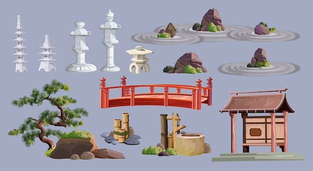 Ancient japan culture objects set with pagoda, temple, ikebana, bonsai, trees, stone, garden, japanese lantern, watering can isolated  Japan  set collection