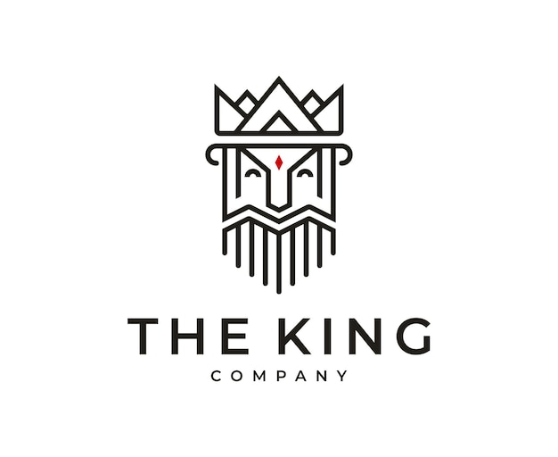 Ancient King Crown with Face Beard and Mustache line art logo design