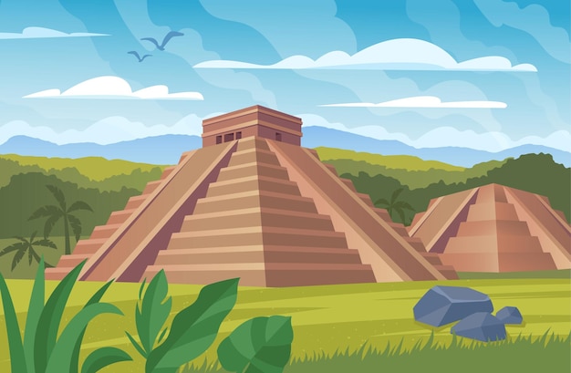 Vector ancient mayan pyramids landscape with south american landmarks chichen itza and kukulkan temples