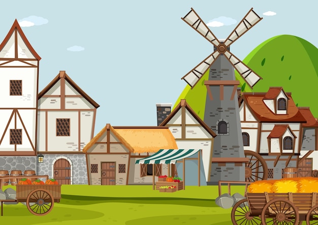 Vector ancient medieval village scene