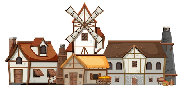 Ancient medieval village on white background