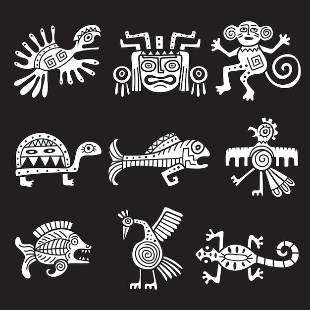 Ancient mexican symbol. Aztec tribal traditional symbols ornamental animals mayan objects recent vector illustrations. Aztec mexican animal turtle monkey and fish native design