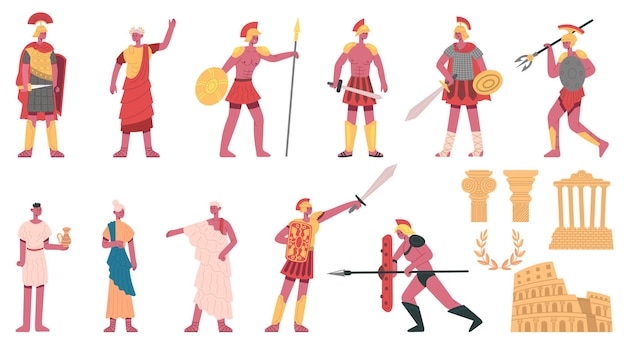 Ancient roman empire. Ancient roman characters, emperor, centurions, soldiers and plebs cartoon vector illustration set. Rome empire symbol. Character roman ancient, empire male costume