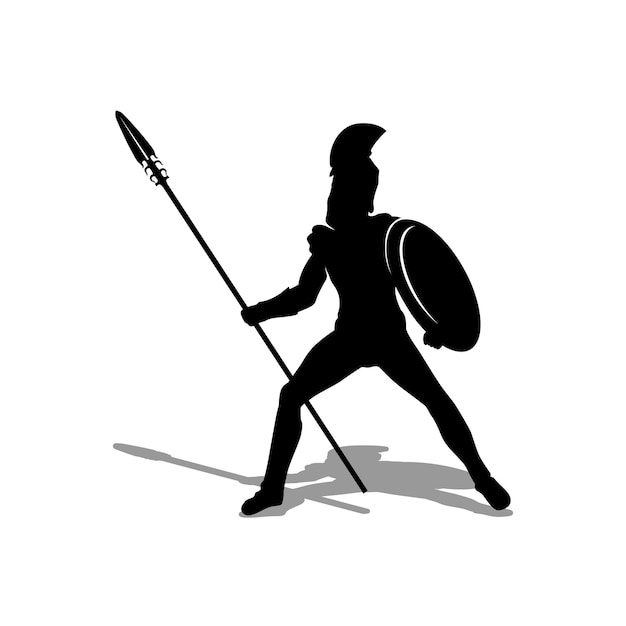 Ancient Roman War Knight Soldier Silhouette Standing On Rock Holding Spear And Shield Vector Design