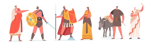 Ancient Rome Citizen Male and Female Character in Tunic and Sandals Historical Costumes, Gladiator, Orator, Governor and Plebeian. Roman People in Traditional Clothes. Cartoon Vector Illustration