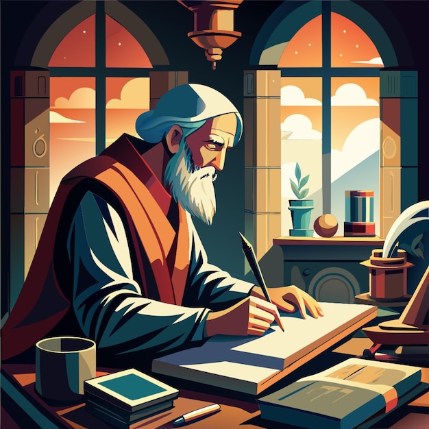 Vector ancient scribe at work vector illustration flat 2