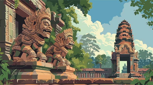 Vector ancient statues in banteay srei temple siem reap cambodia