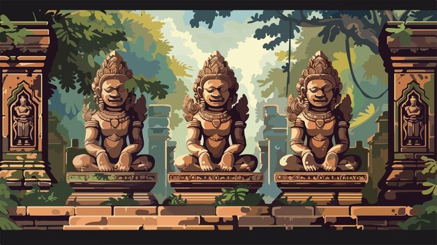 Vector ancient statues in banteay srei temple siem reap cambodia