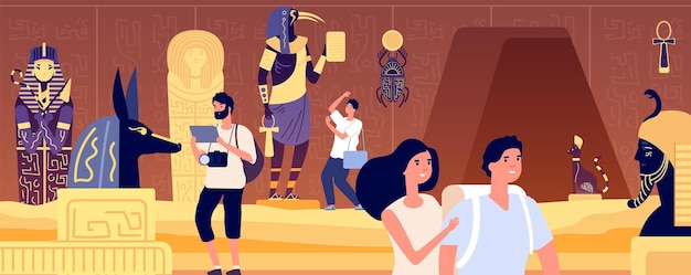 Ancient tomb. Underground egyptian burial, pyramid chamber for tourists. Pharaoh sarcophagus, egypt gods sculpture utter vector illustration. Egyptian museum interior with travellers