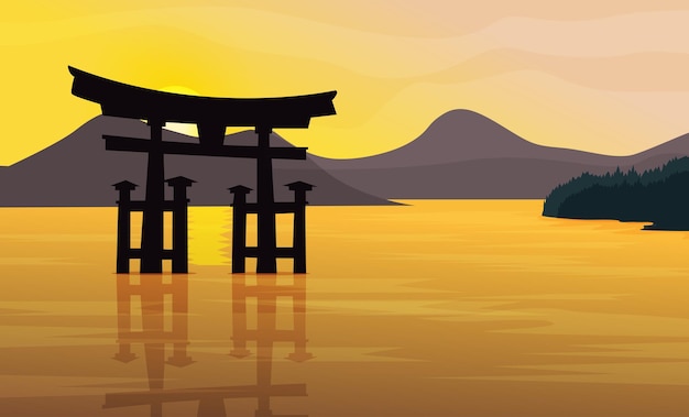 The Ancient Torii Gate and the Beauty of the Sea of Japan flat illustration