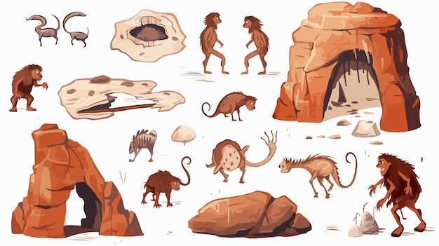 Vector ancient vector rock painting of cave man and animals