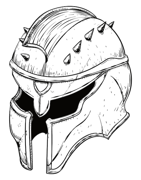 Ancient warrior helmet with scratches due past battles decorated with spikes Illustration in hand drawn style