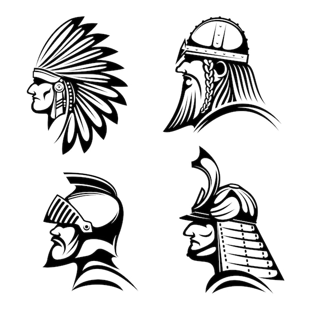 Ancient warriors in helmets icons with profiles of medieval knight viking soldier samurai and indian