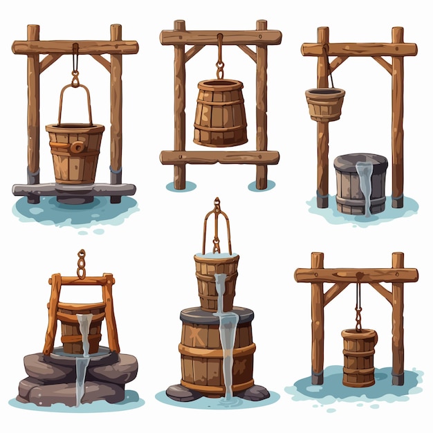 Ancient Water Wells with Buckets on Ropes Set