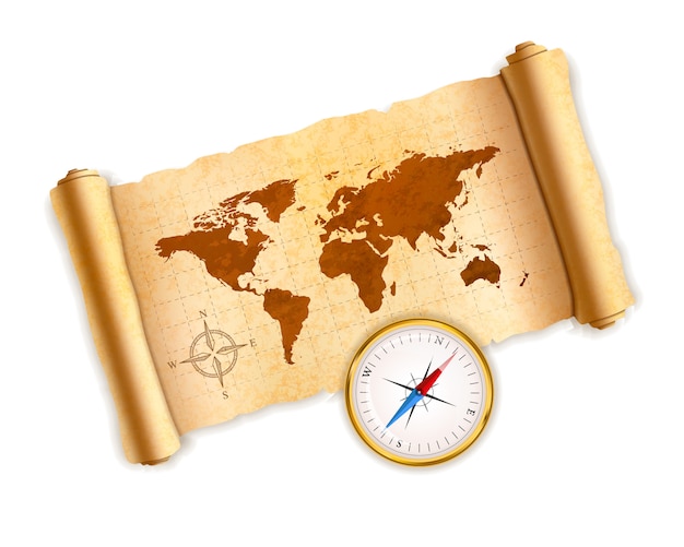 Ancient world map on old textured scroll with glossy compass on white