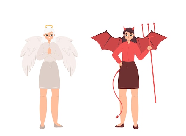 Vector angel and devil female good and angry characters symbol of purity and innocence cunning and evil holy heaven and hell snugly vector cartoon girls