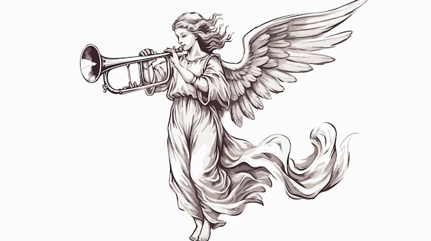 Vector angel playing the trumpet hand drawn sketch illustration