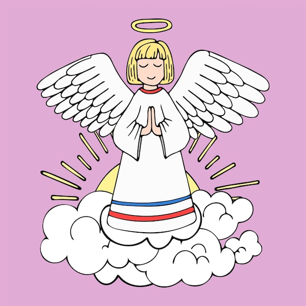 An angel prays for peace Holy guardian angel in heaven at sunrise Religious symbol Kindness love Hand drawn vector flat art illustration Contour line Ready to use cards